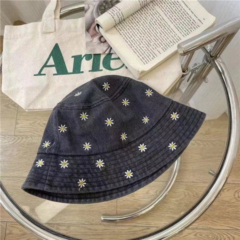 Daisy Embroidery Denim Bucket Hat Vintage Washed Sun Protection Fisherman Cap For Women