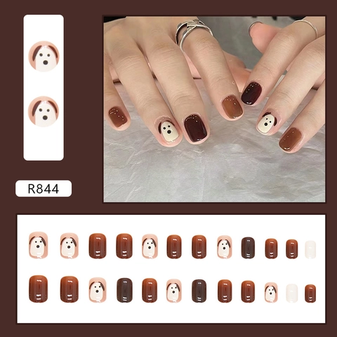 Cute Puppy Press On Nails Short Square Round Artificial False Nail Tips With Glue ABS Plastic Brown Caramel