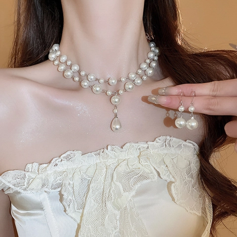 French Retro Imitation Artificial Pearl Double Layer Necklace And Teardrop Dangle Earrings Elegant Vintage Jewelry For Women