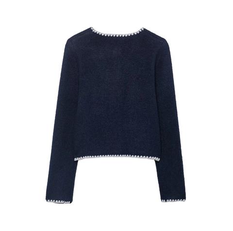Damen Strickjacke Kontrast Wellenkante Langarm Einreihig Rundhals Schmale Passform Pullover Top