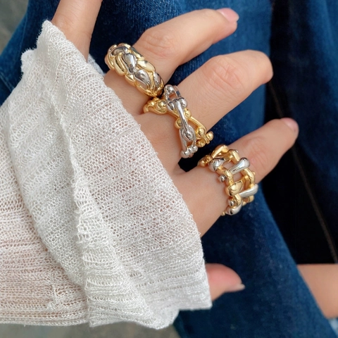 Verstellbarer Offener Ring Zweifarbig 18K Vergoldetes Kupfer Hohles Geflecht Kettenglied Geometrisch Nischendesign Damen