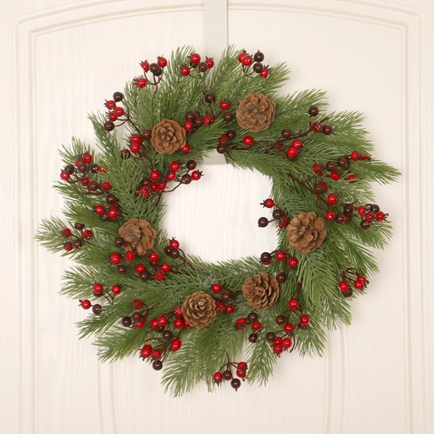Weihnachts Kranz Mit PE Tannennadeln Natürlichen Kiefernzapfen Und Roten Schwarzen Beeren Festliche Tür Wand Dekoration