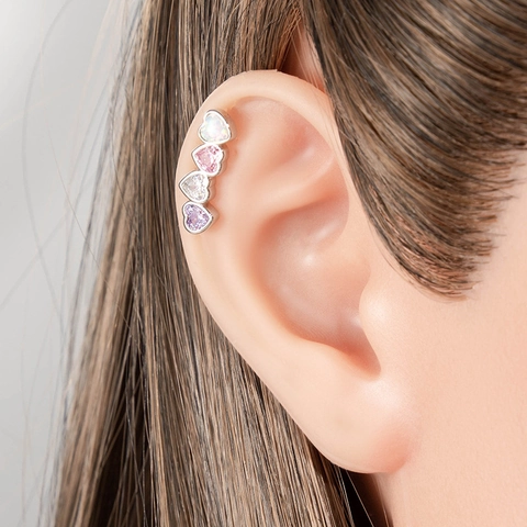 Boucle Oreille Piercing Hélix Cartilage En Acier Titane Zircon Cœur Avec Opale Synthétique Colorée Dos Plat Vissé