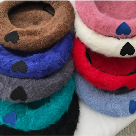 Women Plush Beret Hat Sweet Heart Embroidery Faux Rabbit Fur Warm Winter Painter Artist Cap Soft Elegant Accessory