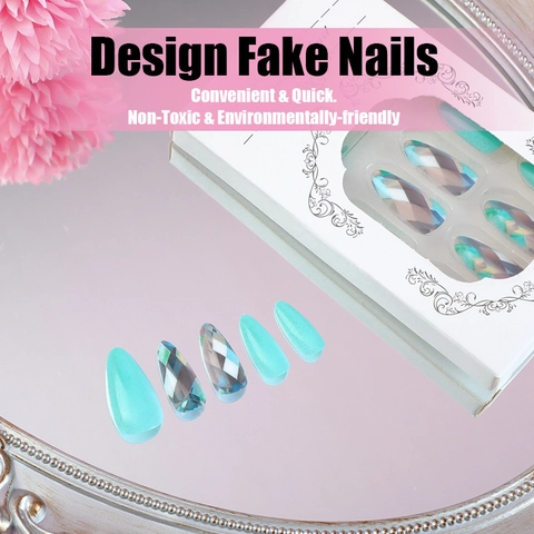Unghie Finte Press On Mandorla Lunga Turchese Colore Puro Motivo Laser Diamante Olografico Manicure DIY Punte Per Unghie