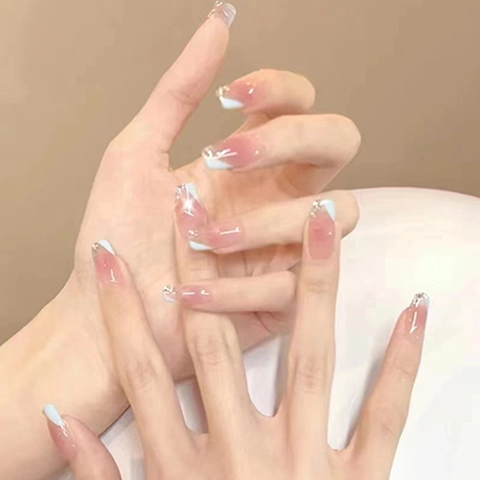 Press On Nägel Gradient Rosa Blau Silber Glitzer Abnehmbare Künstliche Falsche Nägel Lange Ballettform Elegant Sommer