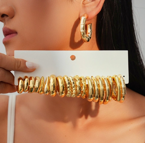 Geometrische Gedraaide Bamboe Textuur Oorbellen Hoops En Studs Met Stalen Oorsteker Minimalistische Goudkleurige Mode Voor Vrouwen