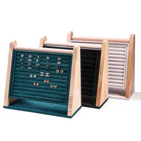 Wooden Jewelry Display Stand Velvet Ring Earring Organizer Tray Slanted Slots For Retail Countertop Showcase Storage Holder