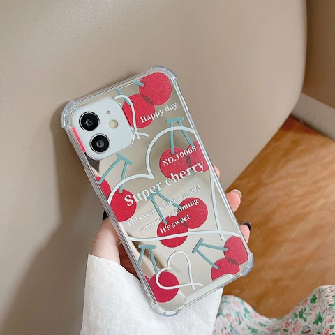 Clear Mirror Cherry Heart Phone Case For IPhone 16 15 14 13 Pro Max Huawei Mate 60 Xiaomi Painted TPU Protective Back Cover