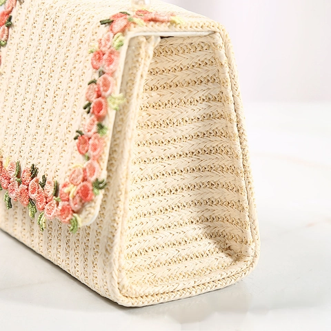 Mini Straw Handbag With Flower Embroidery Artificial Pearl Handle Summer Beach Crossbody Bag For Girls