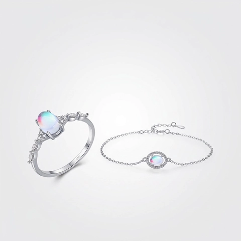 925 Sterlingsilber Minimalistisch Süß Oval Mondstein Schmuckset Strass Eingelegter Ring Armband Für Damen Elegante Schmuck