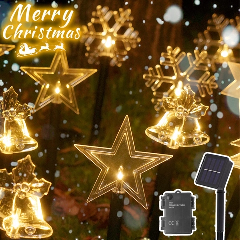 Luces De Estaca Jardín Navidad Energía Solar LED Acrílico Estrella Copo De Nieve Forma De Campana Impermeable Blanco Cálido Decoración Patio