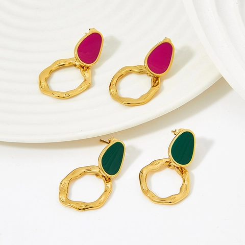 Vintage Enamel Drop Earrings Stainless Steel Irregular Hammered Round Ring Gold Plated Jewelry For Women
