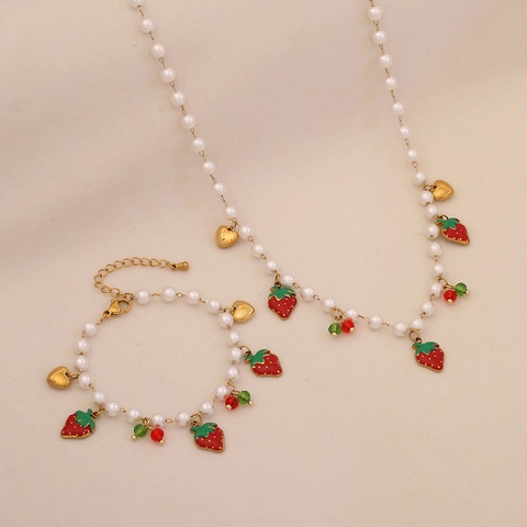 Collana E Bracciale Con Pendente A Fragola E Cuore Con Perla Artificial Di Imitazione Catena Per Clavicola In Acciaio Inossidabile