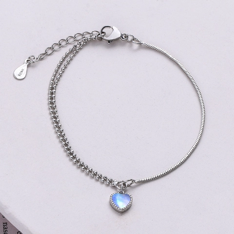 Schickes Zweilagiges Herz Armband Kupfer Mit Mondstein Blau Verlauf Anhänger Schlangen Perlenkette Stitching Für Frauen Mädchen