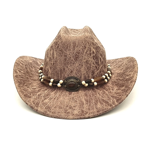 Chapeau De Cow-Boy Occidental Vintage Polyester Distingué Large Bord Bande Perle Boucle Métal Jazz Unisexe