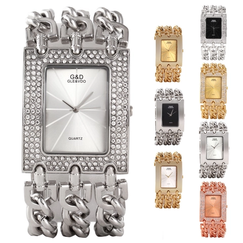 Orologio al Quarzo Rettangolare da Donna Moda Cinturino in Catena di Metallo con Strass Intarsiati Elegante Lusso Analogico