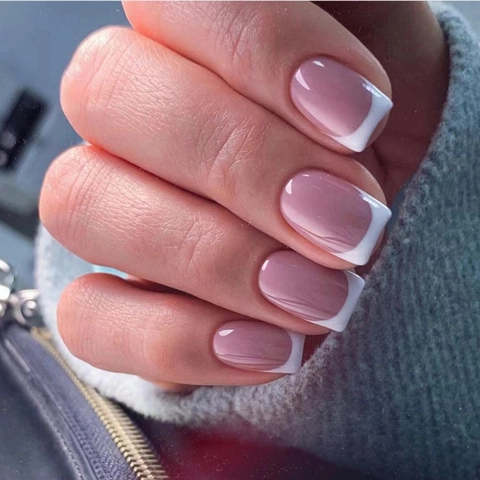 French Tip Press On Nails Short Square Pink White Glossy Full Cover Artificial Fingernails Manicure For Women