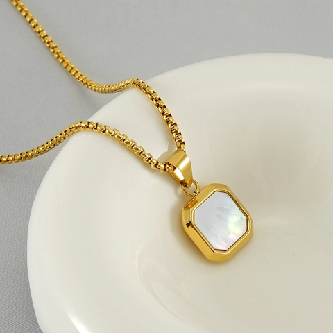 Collar Colgante Cuadrado Geométrico Acero Inoxidable Titanio Piedra Natural Nácar Joyería Minimalista Hombres Mujeres