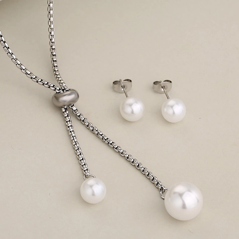 Fashion Imitation Artificial Pearl Jewelry For Women Stainless Steel Adjustable Y-Shaped Slider Necklace And Stud Earrings