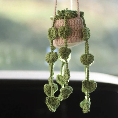 Handmade Crochet Knitted Plant Hanging Ornament For Car Rearview Mirror Home Decor Yarn Potted Heart Leaves Flower