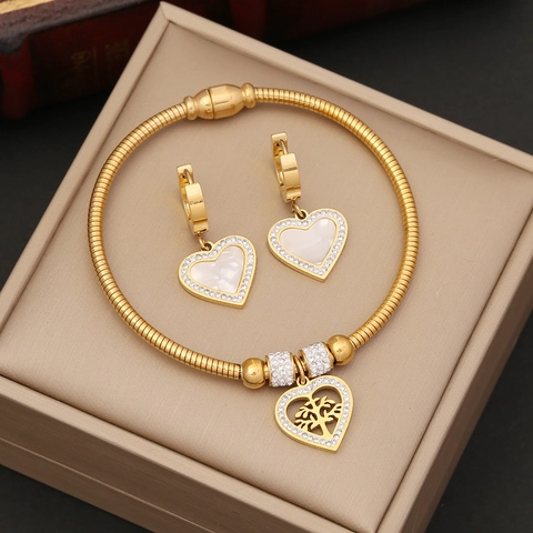Collana Con Ciondolo A Cuore Albero Della Vita Acciaio Inossidabile Placcato Oro Strass Intarsio In Madreperla Gioielli
