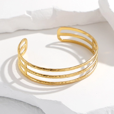 Bracciale Rigido Multistrato In Acciaio Inossidabile Texture Martellata Minimalista Geometrico Polsino Aperto Da Donna