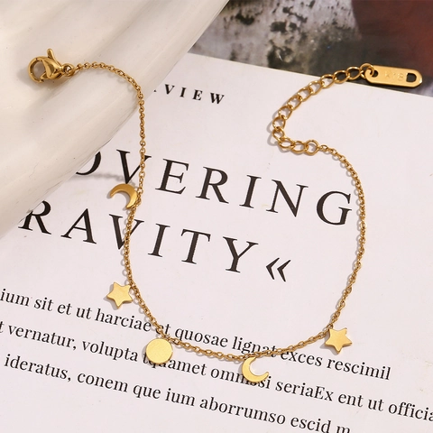 Pulsera Colgante Estrella Luna Chapado En Oro 18K Acero Inoxidable Minimalista Elegante Mujeres Cadena Ajustable Joyería