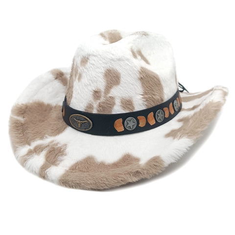 Sombrero De Vaquero Estampado De Vaca Piel Sintética Felpa Ala Ancha Vintage Decoración Cabeza De Toro Street Style Cálido Para Mujeres Hombres