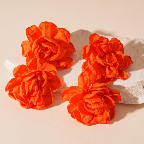 Orange Fabric Flower Drop Earrings With Silver Earring Post Alloy Woven Vintage Sweet Style For Women