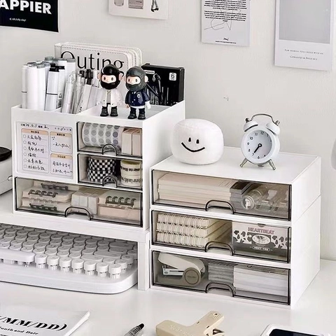 Desktop Storage Box Plastic Transparent Drawers Stackable Compartments Office Stationery Organizer Makeup Vanity Dustproof