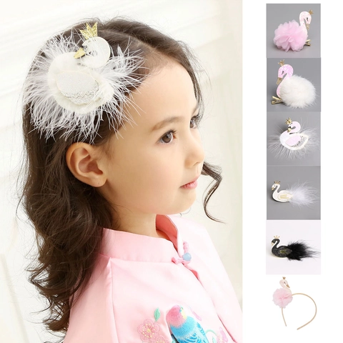 Barrettes À Cheveux Cygne Et Serre-Tête Pour Enfants Avec Plumes Paillettes Couronne Dentelle Brillante Pour Filles Fête