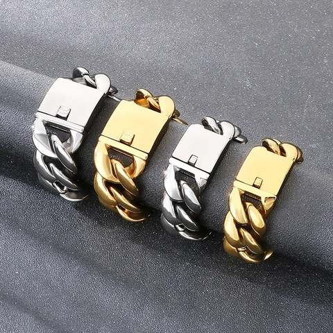 Pulsera De Eslabones Cubanos Para Hombre Acero Inoxidable 316L Cadena Gruesa Hip Hop Punk Streetwear Joyería Pulido Brillante Color Oro Plata