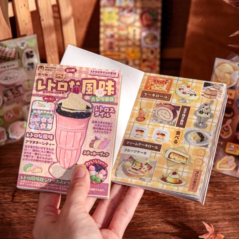 Retro Japanese Journaling Stickers Coated Paper Adhesive Star Film Vintage Dessert Food Illustration Aesthetic DIY Decor
