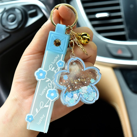Cartoon Sakura Quicksand Keychain Acrylic Transparent Flower Liquid Floating Bottle Bag Pendant Lucky Strap Gift Women