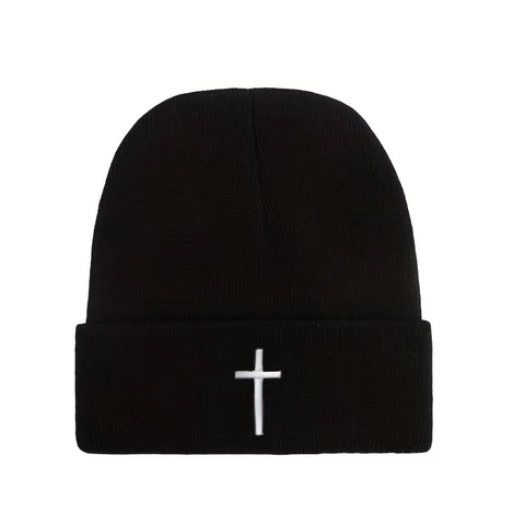 Bonnet En Maille Unisexe Avec Broderie Croix Acrylique Chaud Hiver Streetwear Hip Hop Bonnet
