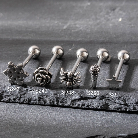 Stainless Steel Tongue Rings Barbell Piercing Gothic Punk Skull Rose Spider Snowflake Microphone Unisex Body Accessories