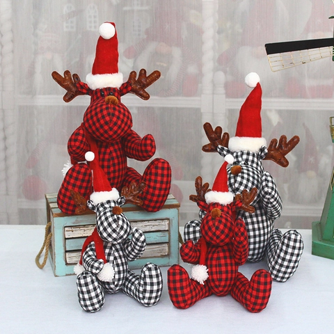 Ornamento Bambola Peluche Renna Natale Plaid Buffalo Decorazione Tavolo Cervo Grande Piccolo Con Cappello Sciarpa Per Vacanze Casa Vetrina