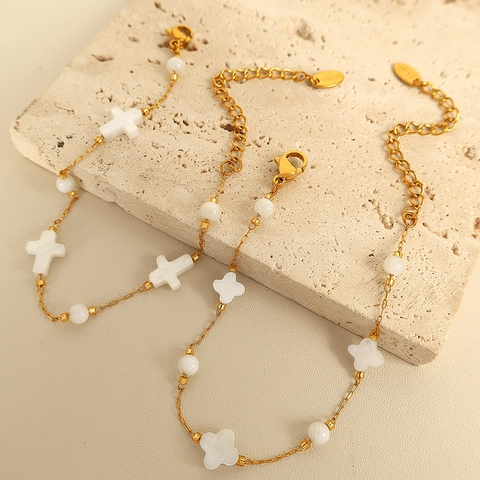 18K Gold Plated Stainless Steel Shell Cross Star Clover Necklace Bracelet Set For Women French Vintage Aesthetic Jewelry Accessory