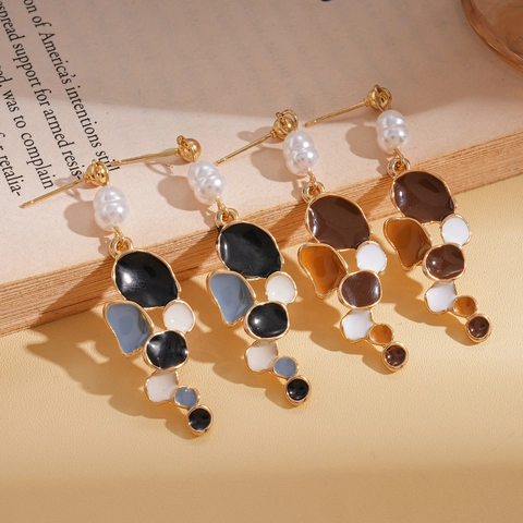 Orecchini Pendenti In Smalto Geometrici Irregolari Retrò Da Donna Perla Artificial Sintetica Con Perno In Argento Sterling 925