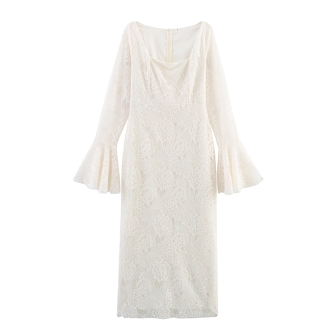 Elegant Square Neck Lace Maxi Dress With Flare Long Sleeves Slim Fit Bodycon Evening Party Long Gown For Women
