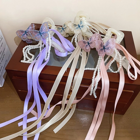 Butterfly Embroidery Hair Claw Clip With Long Ribbon Tassels And Imitation Artificial Pearls Elegant Sweet Fairy Style For Women