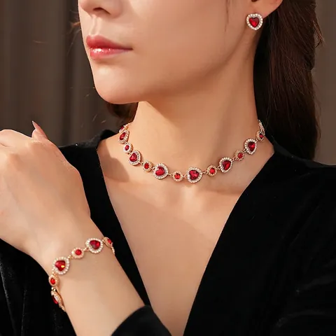 Joyas Corazón Vintage Diamantes Rojos Aleación Oro Collar Pulsera Pendientes Con Silver Earring Post Mujeres