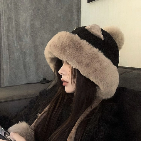 Women Cute Animal Ear Plush Trapper Hat Winter Warm Faux Fur Lined Ear Protection Hat With Pom Poms Knitted Beanie Cap