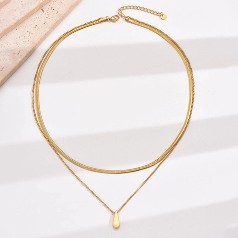 Minimalist Double Layer Necklace Stainless Steel Water Drop Pendant Herringbone Snake Chain Trendy Jewelry For Women