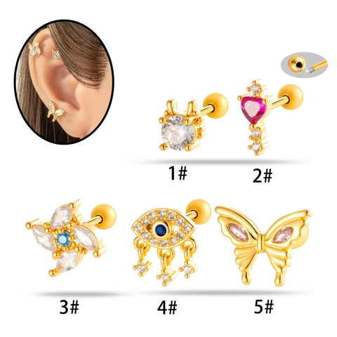 Helix Kraakbeen Piercing Studs Titanium Stalen Staaf Koper Zirkoon Vlinder Hart Duivels Oog Vorm Schroefbal Sluiting Sieraden