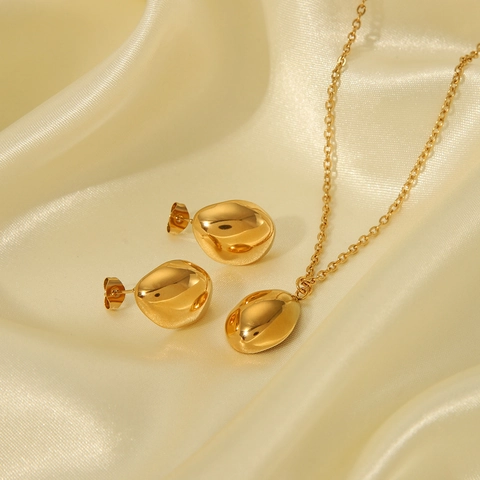 304 Stainless Steel Gold Plated Necklace And Earrings Minimalist Oval Bean Pendant Waterdrop Studs For Women Jewelry