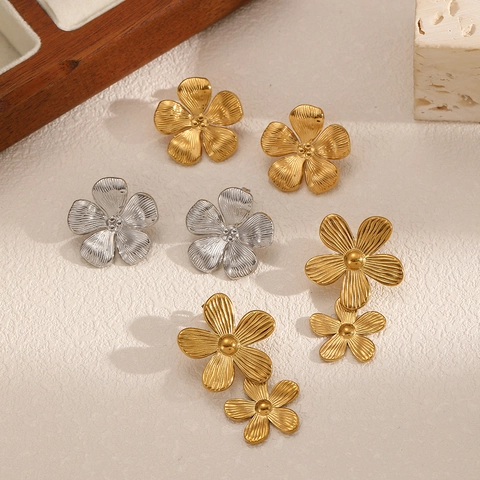 Flower Earrings Stainless Steel Brushed Metal Texture Chic Ins Style Floral Stud And Drop Jewelry For Women
