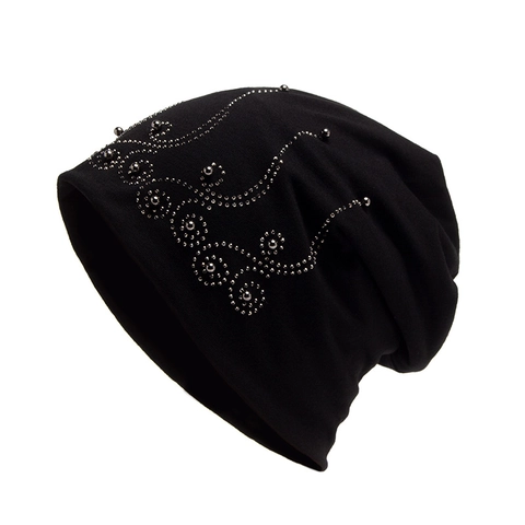 Gorro Slouchy Para Mujer Gorro De Punto Fino Con Pedrería Y Cuentas Gorro De Calavera Doble Capa Moda