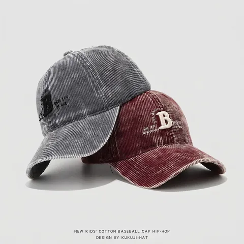 Kids Corduroy Baseball Cap Vintage Letter B Embroidery Adjustable Hip Hop Sun Hat For Boys Girls